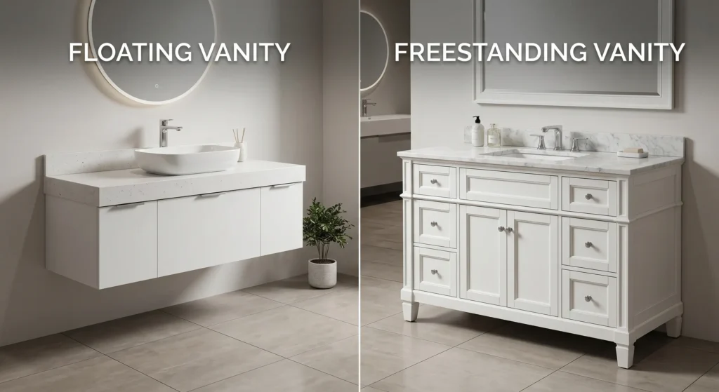Comparison of a white floating vanity and freestanding vanity for hotel and apartment bathroom installation projects.