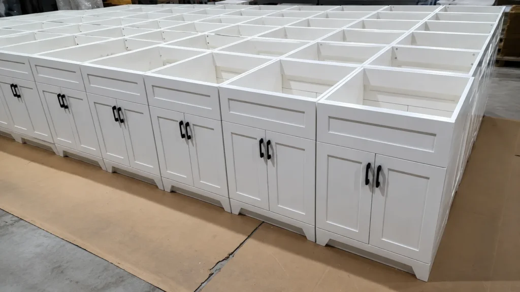 Rows of white Shaker bathroom vanities with TSCA-compliant MDF doors and plywood boxes for hotel project bulk orders