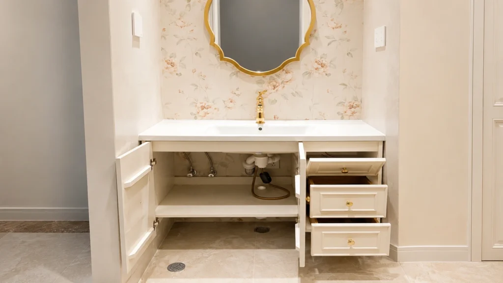 White shaker floating vanity with open storage, showing plumbing access and gold hardware for easy hotel maintenance.
