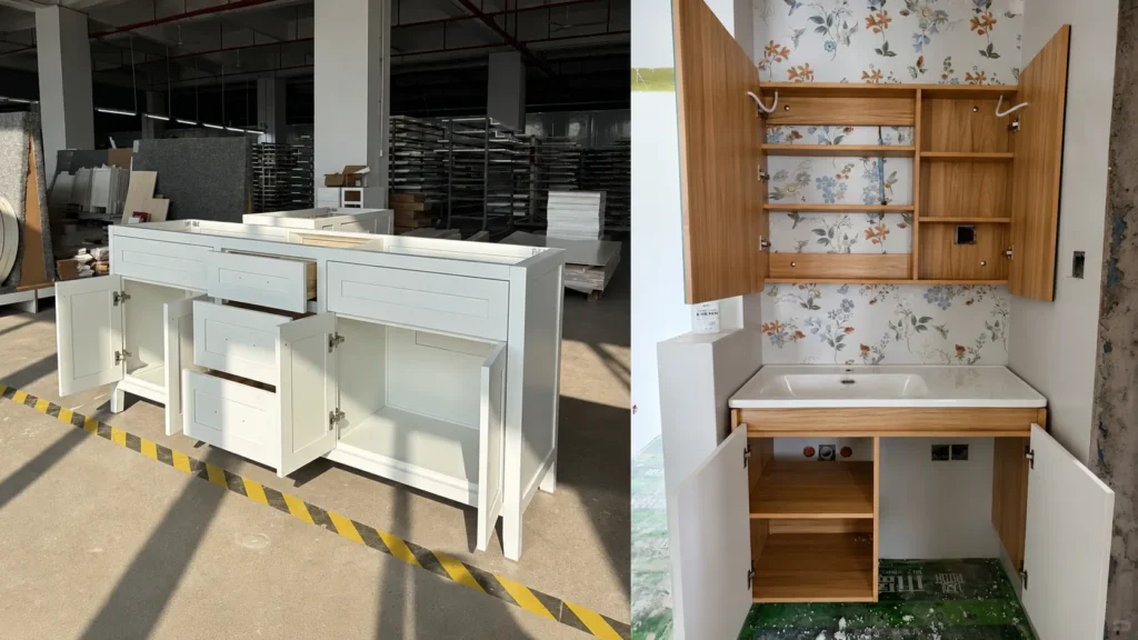 White framed vanity vs. frameless wood-grain cabinet comparison, showcasing full-access storage for hotel project rooms.