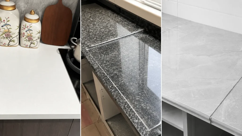 Easy-to-clean white, black, and grey marbled vanity top samples for hotel projects, showcasing non-porous hygienic surfaces.