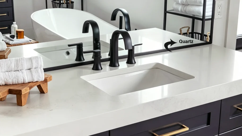 Polished white quartz vanity top with a rectangular undermount sink and matte black faucets for hotel bathroom projects.