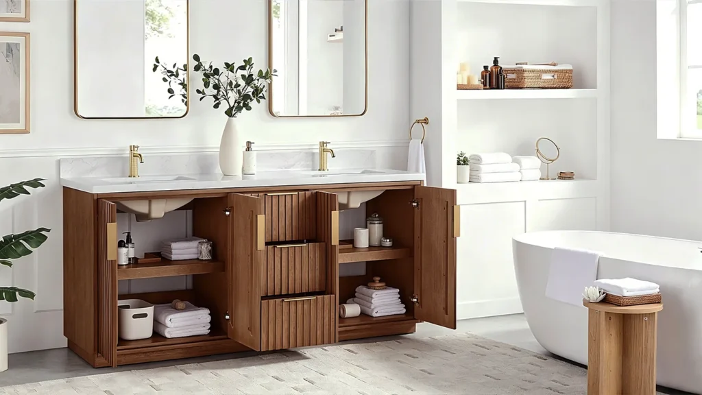 Custom double-sink wood vanity with fluted doors and gold hardware, showcasing layout complexity for hotel bathroom projects.