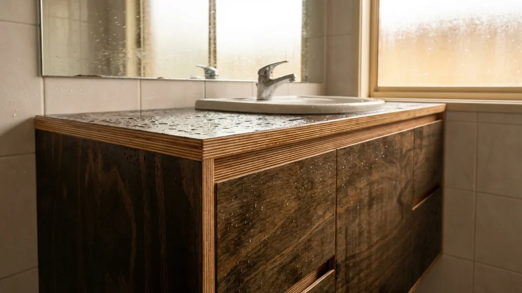 Moisture-resistant plywood vanity cabinet with dark wood finish and water droplets, ideal for durable hotel bathroom design.