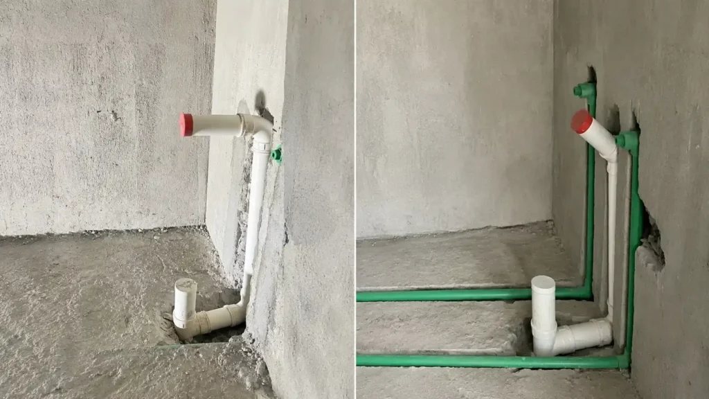 Plumbing rough-in for a floating vanity showing white PVC drain and green water lines in an unfinished concrete wall.