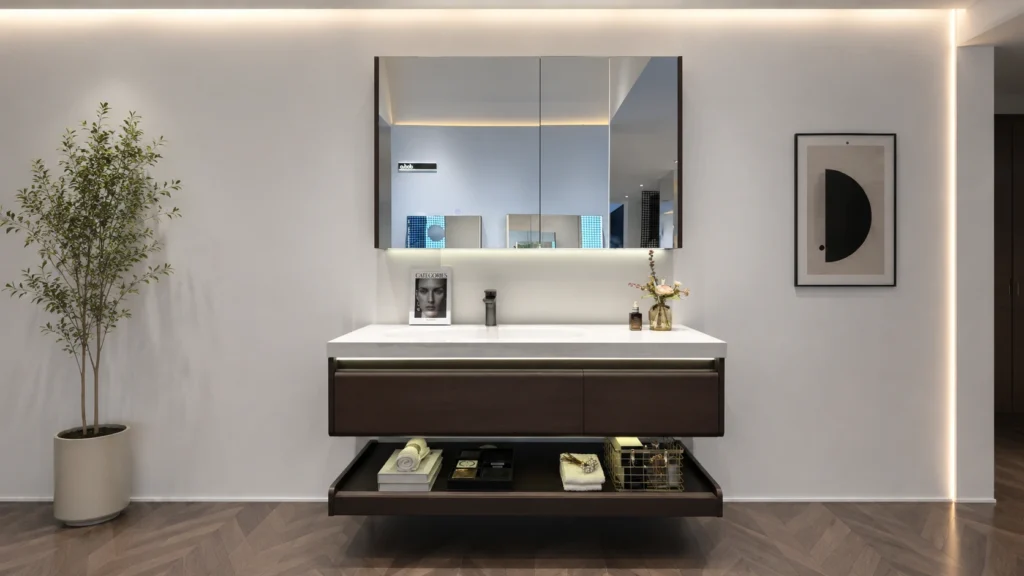 Modern hotel floating vanity with moisture-resistant dark wood finish, white quartz top, and integrated LED lighting.