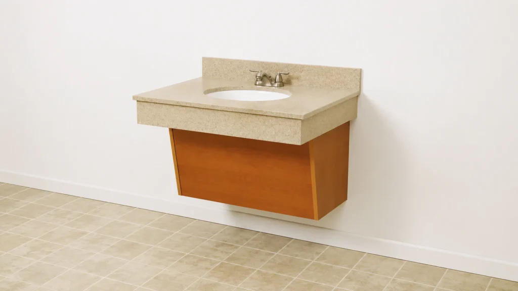 ADA-compliant floating vanity with beige stone counter and slanted wood cabinet for knee clearance in hotel bathroom projects.