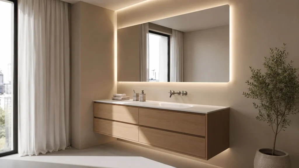Modern light oak floating vanity with open floor space and LED mirror for efficient hotel bathroom housekeeping.