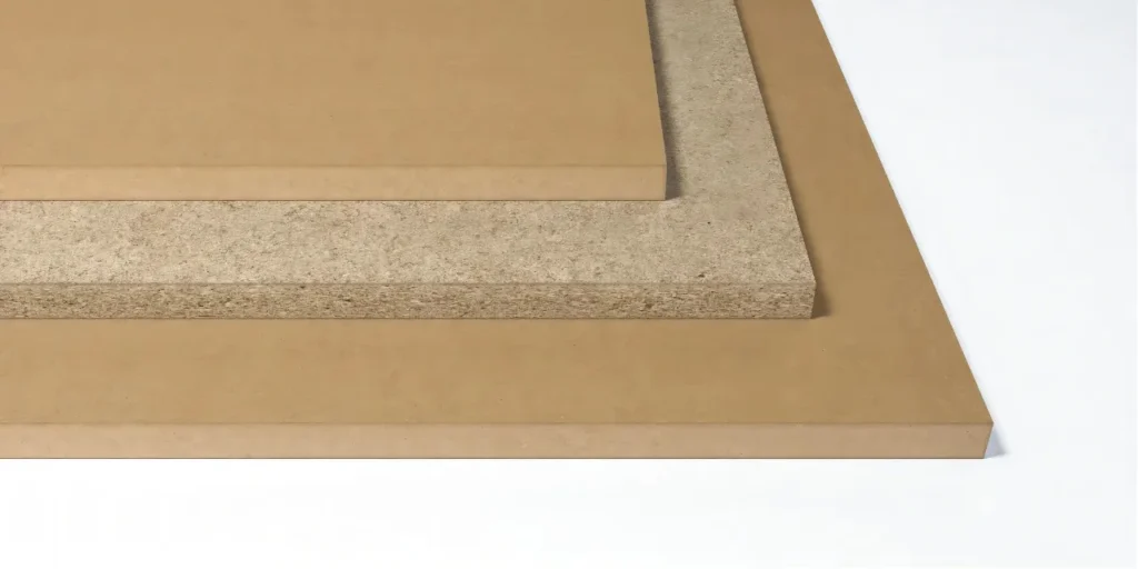 TSCA-compliant MDF and particleboard samples showing wood texture for low-odor hotel bathroom vanity manufacturing.