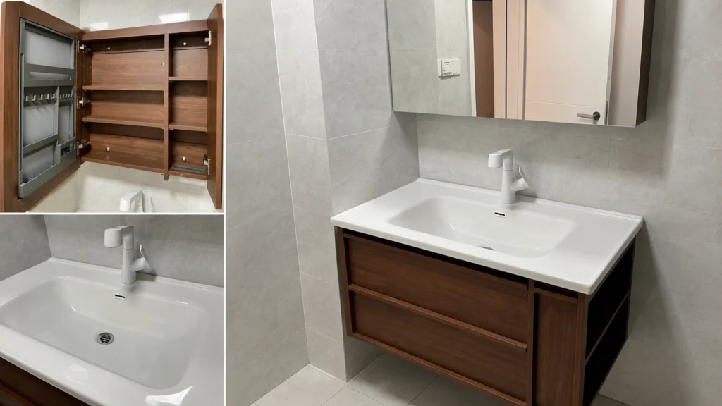 Walnut bathroom vanity and cabinet sample for hotels, showing real texture and finish quality for physical QC approval