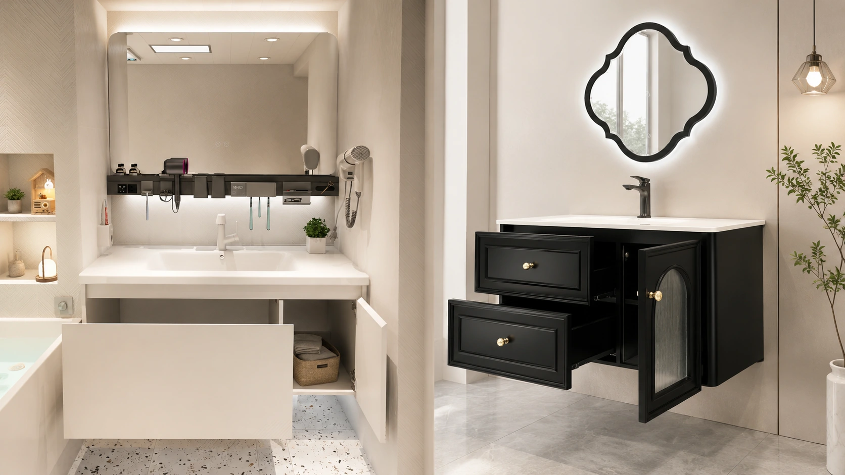 Modern white and black hotel floating vanities showcasing single drawer and multi-drawer storage for guest convenience.