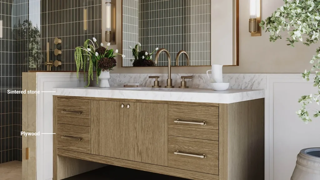 Plywood bathroom vanity with sintered stone top, illustrating durable material choices for hotel and resort project budgets.