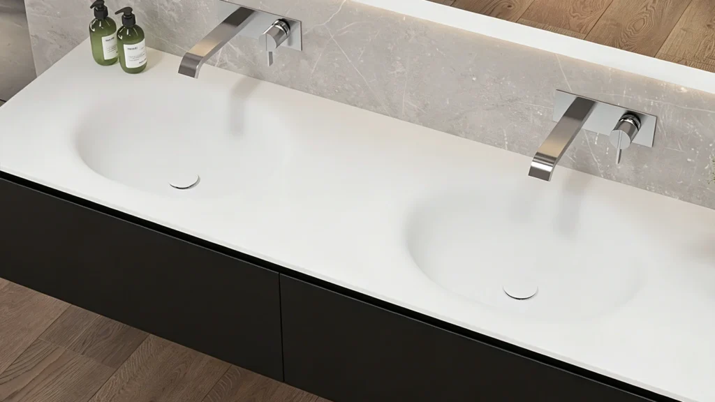 Modern white wall-mounted double vanity with non-porous surface for easy cleaning in high-traffic hotel bathrooms.