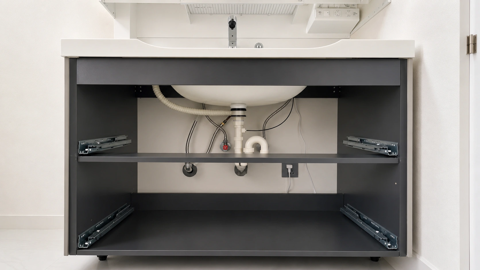 Internal grey floating vanity layout showing P-trap clearance and drawer rails to avoid plumbing interference in projects.