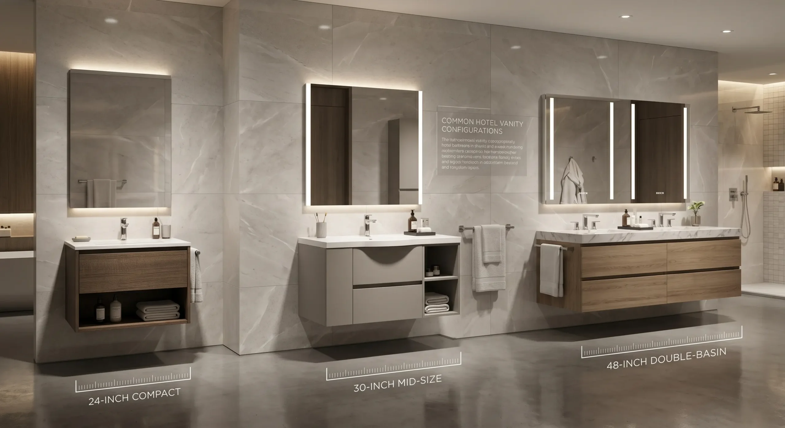 Hotel floating vanity sizes: 24-inch compact, 30-inch mid-size, and 48-inch double-basin for project room planning.