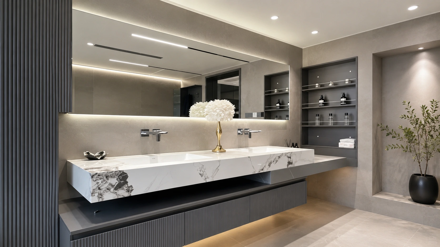 Double floating vanity with marble countertop and fluted grey cabinets, creating visual openness in luxury hotel bathrooms.