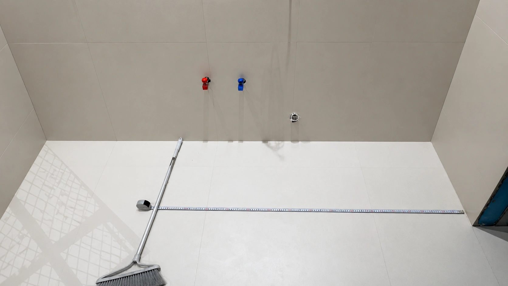 Measuring plumbing rough-in for floating vanity alignment on beige tiles to ensure proper fit in apartment projects.