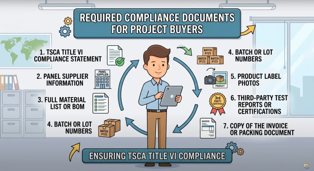 Checklist of 7 TSCA Title VI compliance documents for hotel bathroom vanity project buyers to ensure material verification