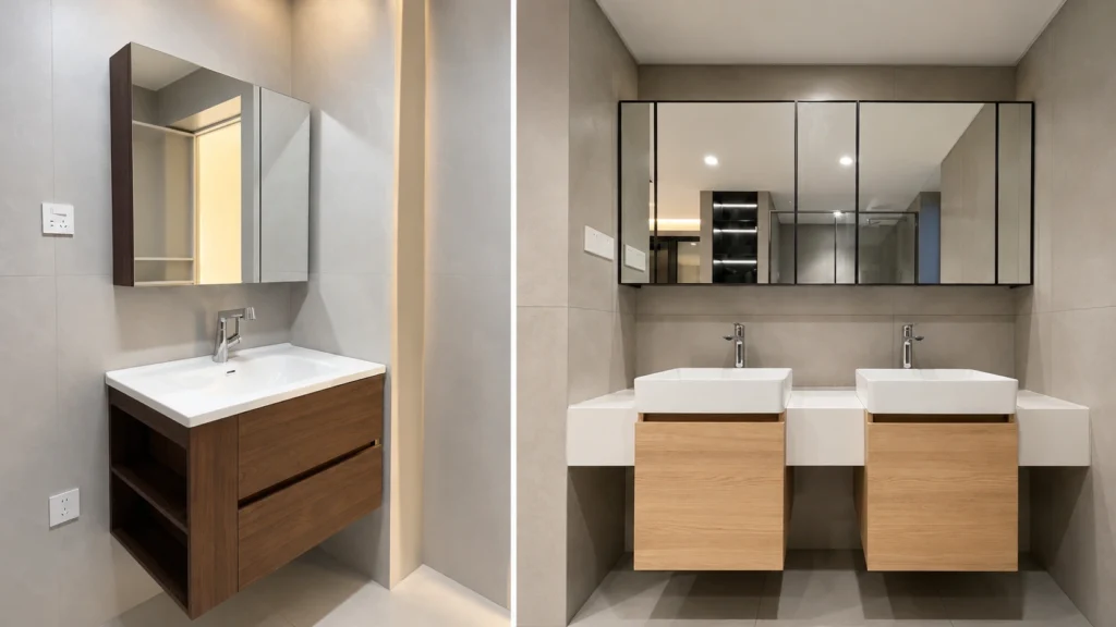 Single and double wood floating vanities with mirror cabinets, showing basin options for hotel room and suite projects.