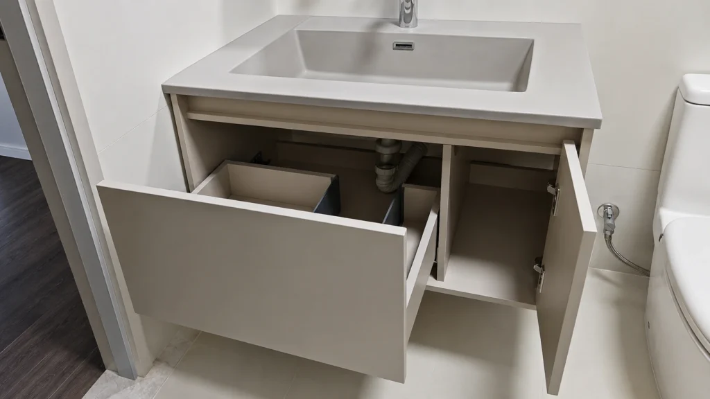 Beige bathroom vanity with open drawer showing U-shaped plumbing cutout for hotel project drainage clearance.