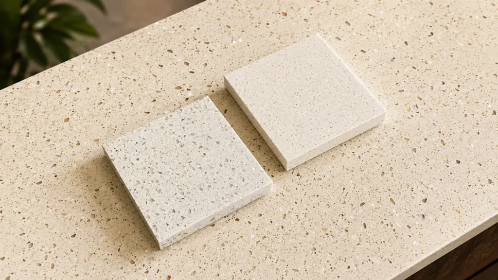Beige and white quartz samples for hotel vanity tops, highlighting color consistency and durable surfaces for procurement.