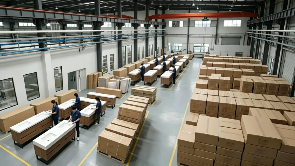 Factory workers inspecting a bulk shipment of modern wood vanities to minimize production risk for large hotel projects.