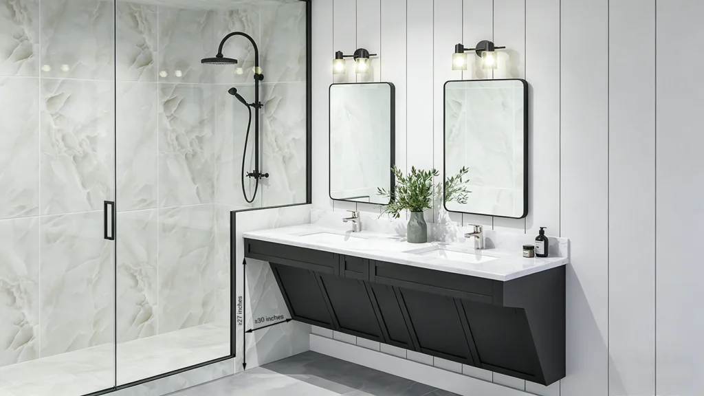 ADA-compliant black hotel vanity with white top showing required 27-inch height and 30-inch width knee clearance.
