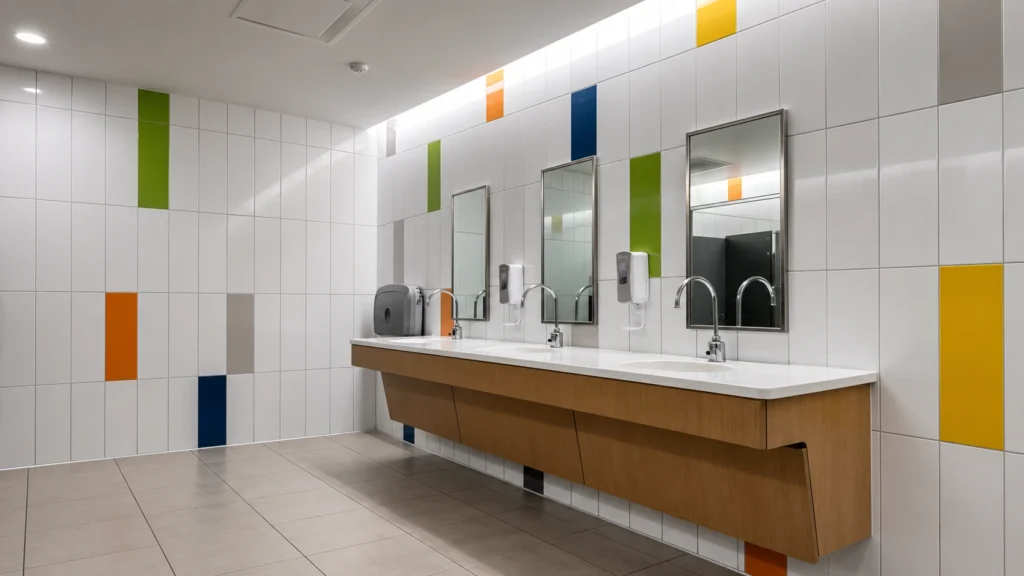 ADA-compliant wood floating vanity in a commercial bathroom, highlighting height and knee clearance for hotel projects.