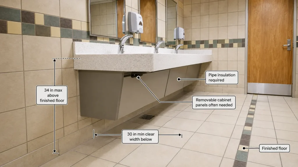 ADA hotel floating vanity diagram specifying 34-inch max height, 30-inch clear width, and removable pipe insulation panels."