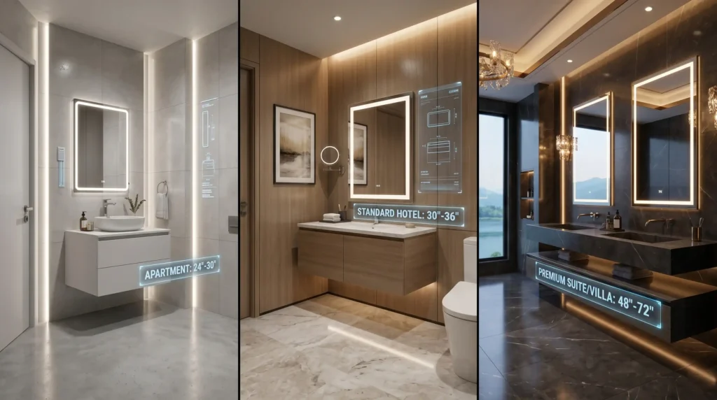 Floating vanity width guide: 24-72" sizes for apartment, standard hotel, and premium villa bathroom projects.
