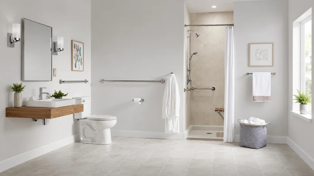 ADA-compliant hotel bathroom with a light wood floating vanity for knee clearance and wall-mounted safety grab bars.