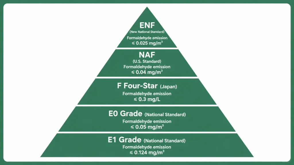 Pyramid comparing formaldehyde standards like NAF and E0 to ensure TSCA compliance for US hotel furniture projects.