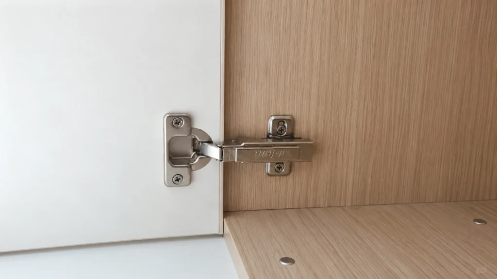 Adjustable metal concealed hinge on a frameless vanity door, highlighting hardware maintenance for B2B hotel projects.