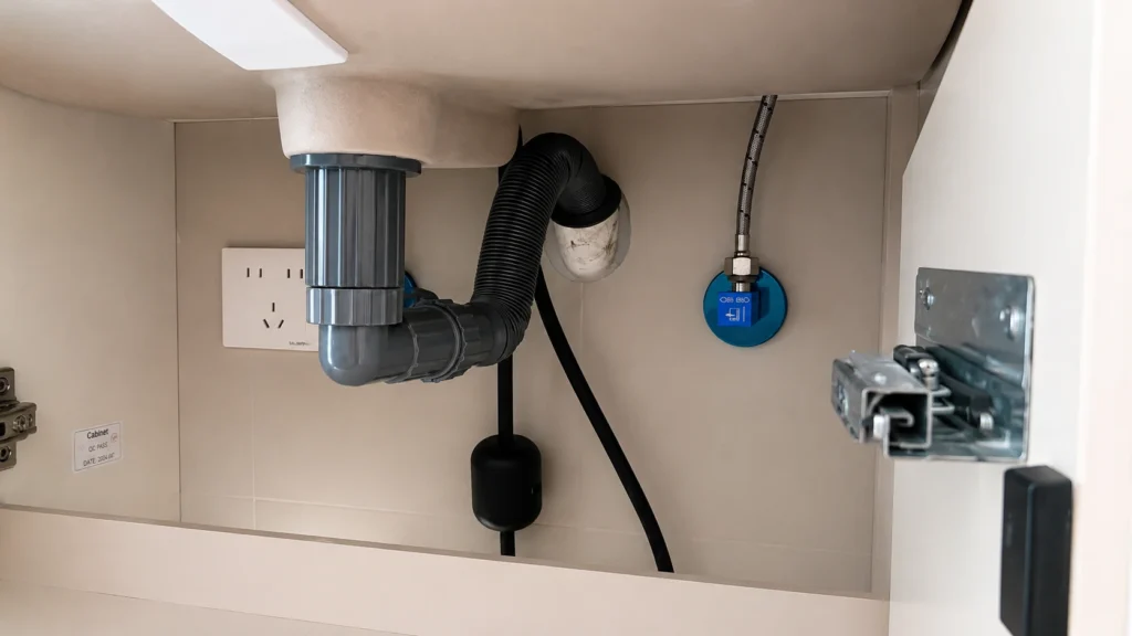 Internal plumbing of a hotel floating vanity with gray P-trap and supply valves, ensuring clearance for cabinet drawers.