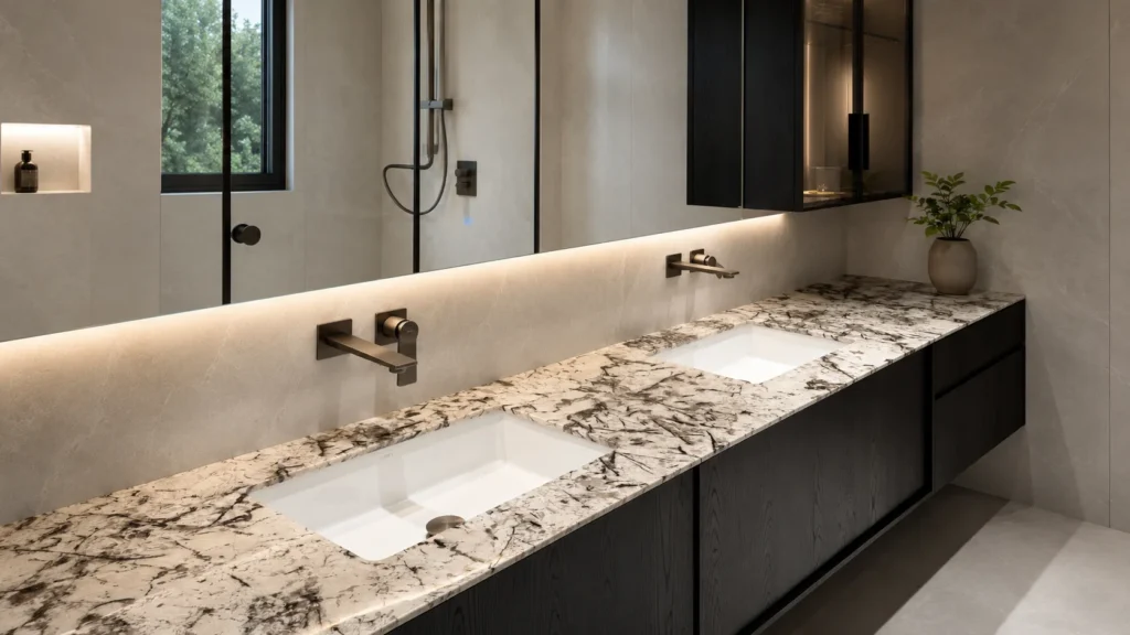 Natural marble hotel vanity top with high-contrast veining and double undermount sinks for luxury villa bathrooms.