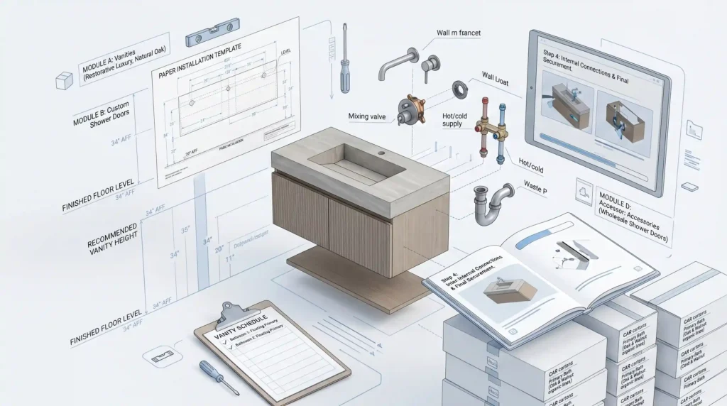 Technical kit for oak floating vanity projects, with installation templates, schedules, and room-labeled cartons for hotels.