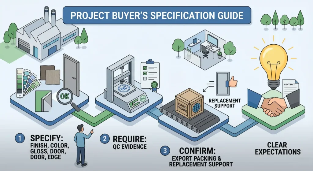 B2B specification guide infographic for hotel vanities, showing finish, QC evidence, and export packing steps.