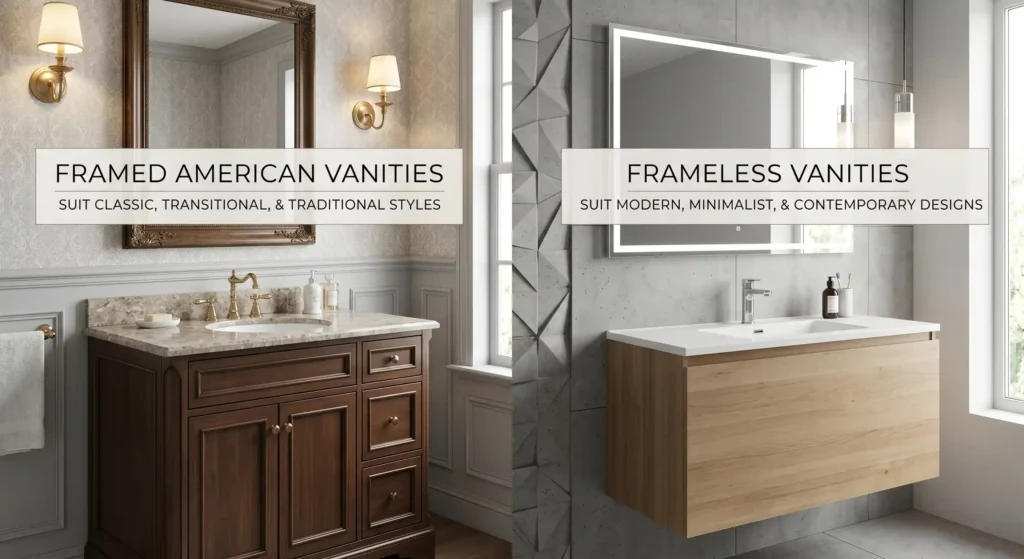 Comparison of a classic dark wood framed vanity vs. a modern minimalist frameless vanity for B2B hotel and apartment projects.