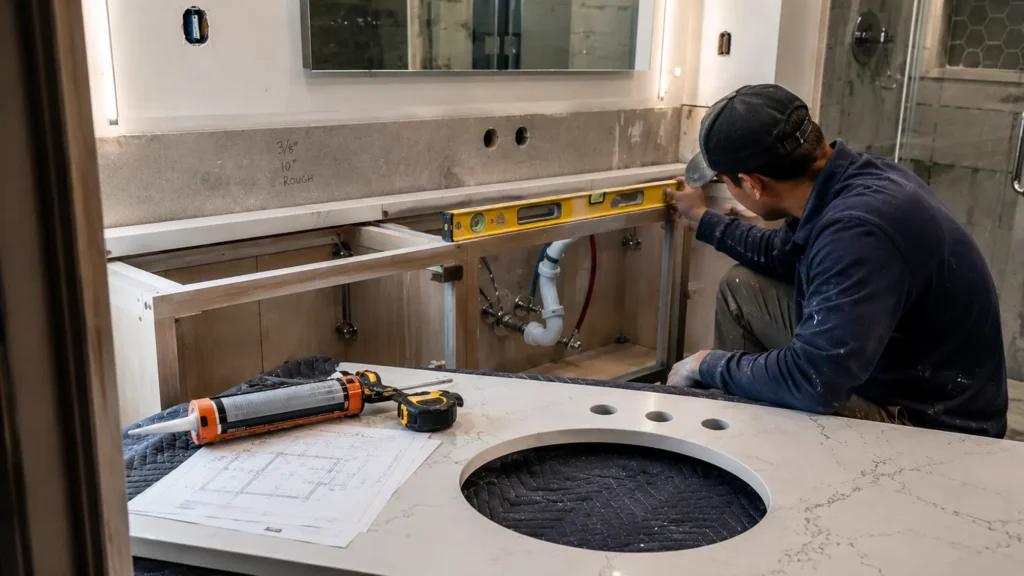 Contractor leveling a cabinet frame for a custom marbled quartz vanity top installation on a hotel construction site.