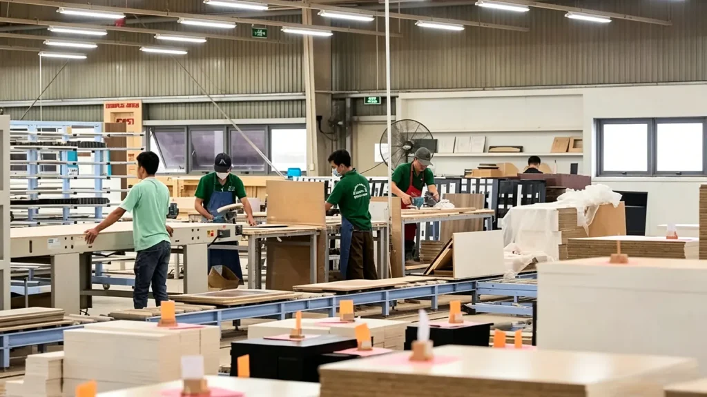 Factory workers processing panels for bulk hotel vanity orders to ensure material consistency across all project rooms.