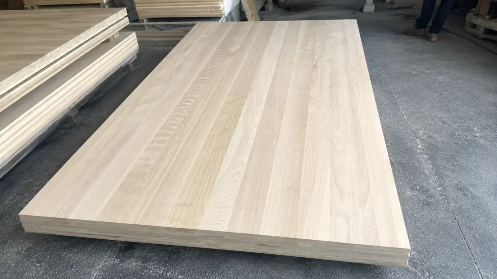 Stacked thick light wood boards in a factory, showing the premium material used for durable frameless vanity construction.
