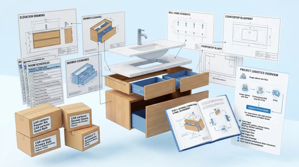 Exploded view of a wood floating vanity with technical blueprints and room schedules for hotel project procurement.