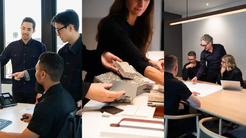 Developers reviewing blueprints and stone samples to coordinate bulk vanity top orders for large hotel and apartment projects.