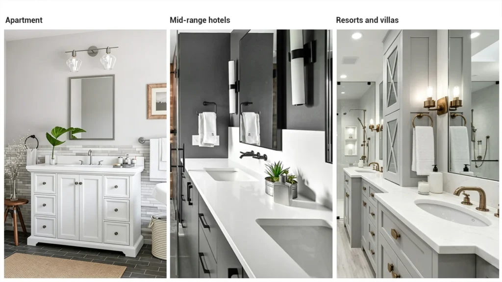Comparison of bathroom vanity designs for apartments, hotels, and villas, showcasing quality tiers for project budgeting.