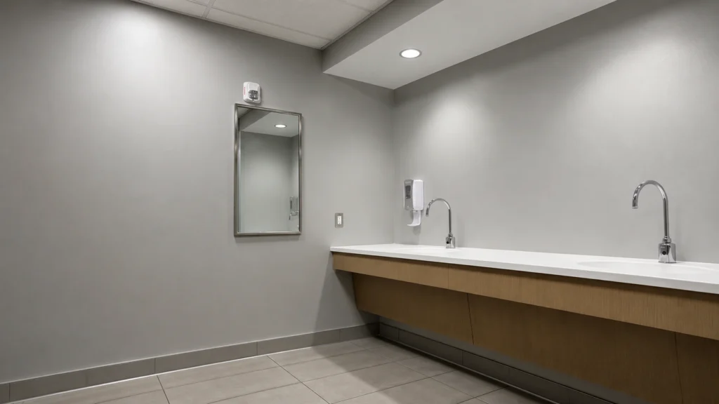 ADA-compliant bathroom vanity with white countertop and knee clearance, meeting 34-inch height for hotel project rooms.