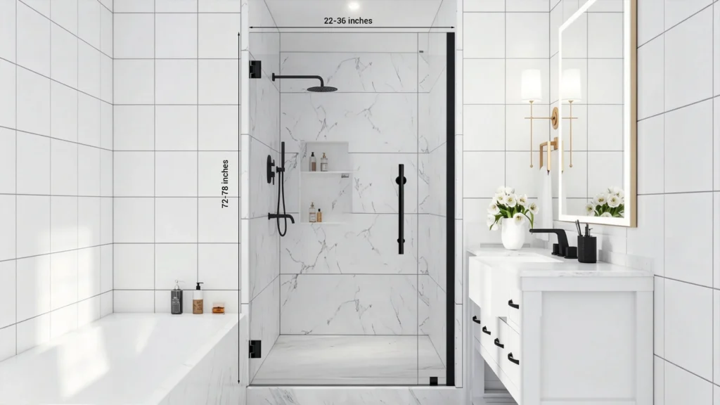 Standard frameless glass swing shower door with matte black hardware, showing height (72-78") and width (22-36") dimensions in a modern tiled bathroom.