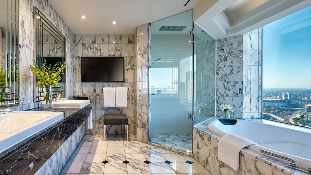 Luxury hotel bathroom with marble walls and floor featuring a clear frameless glass shower and city view from the tub.