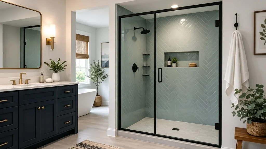 Matte black framed sliding shower door with clear tempered glass in a modern hotel bathroom project featuring sage green tile.