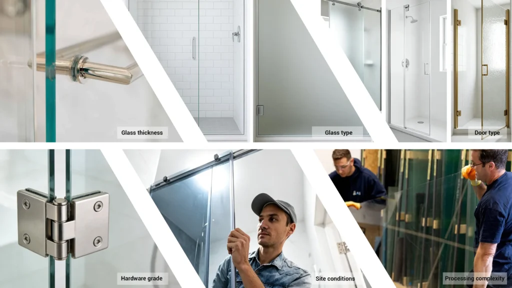 Collage showing 6 frameless shower door cost drivers: glass thickness, type, door type, hardware grade, site conditions, and processing.