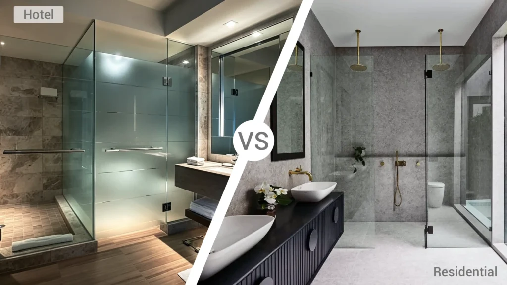 Side-by-side comparison of hotel bulk-order frosted glass shower doors versus custom residential clear glass shower enclosures.